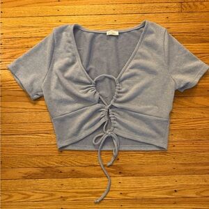 West of Melrose Soft knit Blue Ruched Tie-Front Crop Top